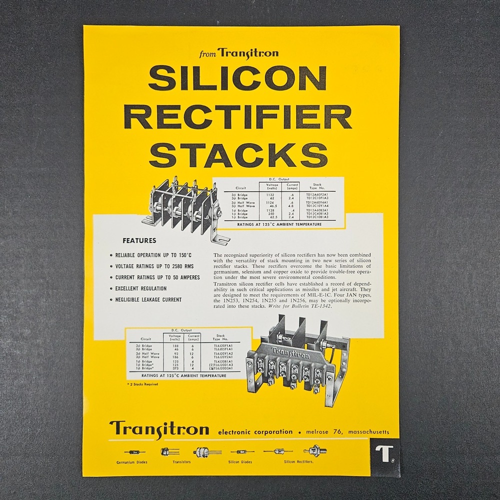 1956 Transitron Electronics Silicon Rectifier Stacks Vintage Print Ad Melrose MA